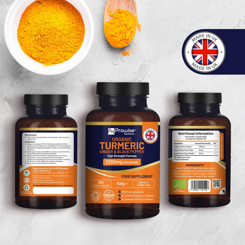 Organic Turmeric 2280mg (High Strength) with Black Pepper & Ginger - 180 Vegan Turmeric Capsules with Active Ingredient Curcumin I Soil Association Approved I UK Made by Prowise Healthcare - BeesActive Australia