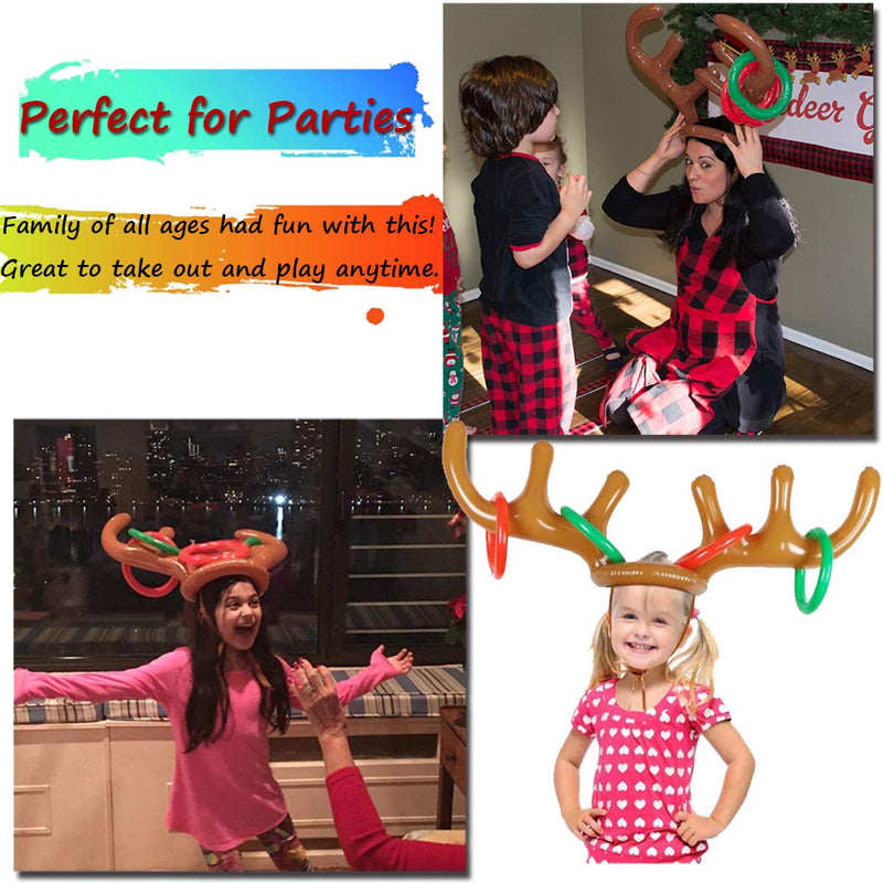 [AUSTRALIA] - 2 Set Inflatable Reindeer Antler Game, (2 Inflatable Antler, 12 Rings Reindeer Ring Toss) Inflatable Reindeer Antler Hat with Rings, Family Christmas Party Games 