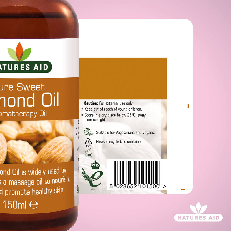 Natures Aid Almond Oil, Pure, Sweet Almond Oil, Massage Oil, Suited to Dry, Sensitive Skin, 150 ml (Pack of 1) - BeesActive Australia