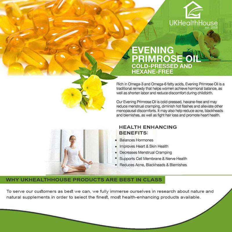 UKHealthHouse Evening Primrose Oil �?EPO Capsules, 1000mg x 120 Softgels � High Strength Omega 6 GLA Content �?Great for Skin, Immune System, Hormonal Pain, Hot Flushes & Women�s Health 120 Count (Pack of 1) - BeesActive Australia