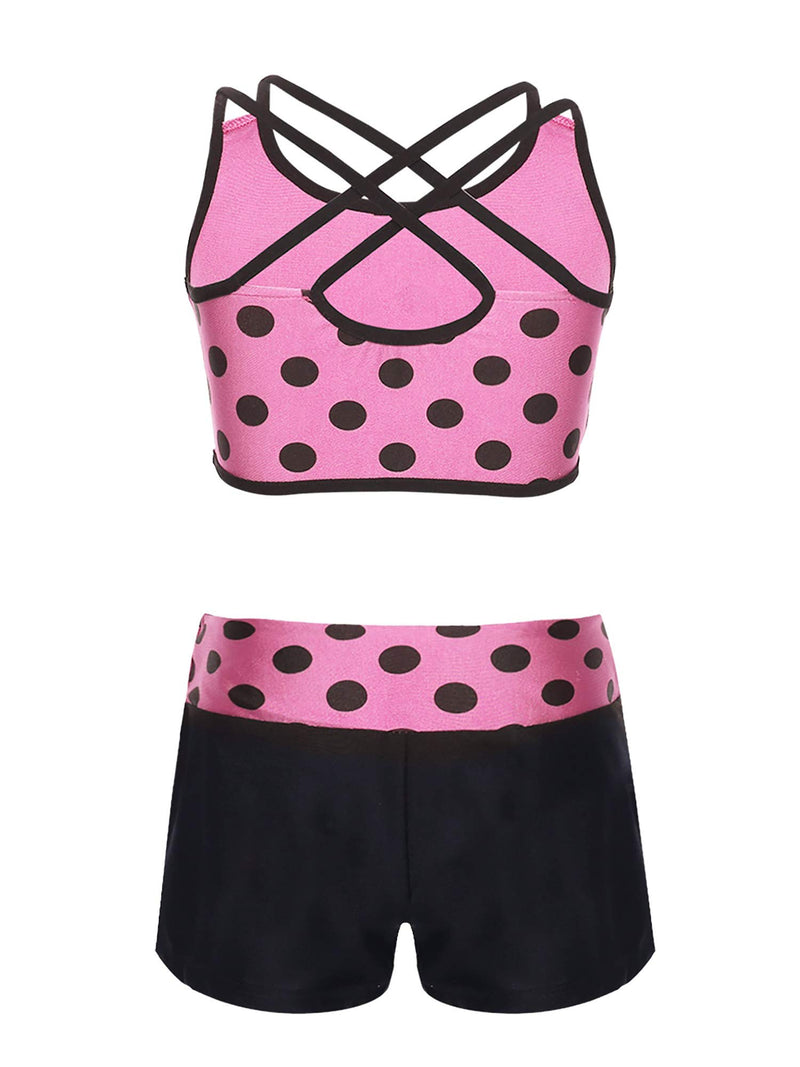 [AUSTRALIA] - moily Big Girls Polka Dot 2 Pcs Athletic Outfit Criss Cross Crop Top with Booty Shorts Dancewear Siwmsuit Hot Pink 12 