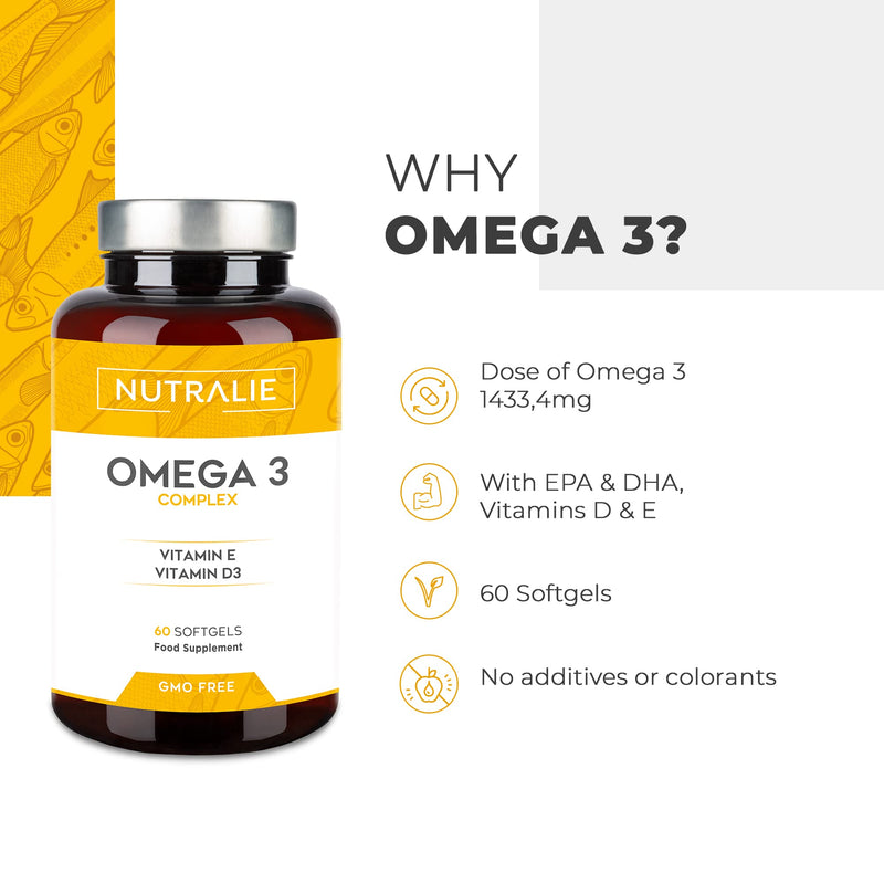 Omega 3 2000mg + Vitamins D3 & E | 1250 mg EPA-DHA per Dose | Premium Fish Oil Highly Concentrated 60 Capsules | Nutralie - BeesActive Australia