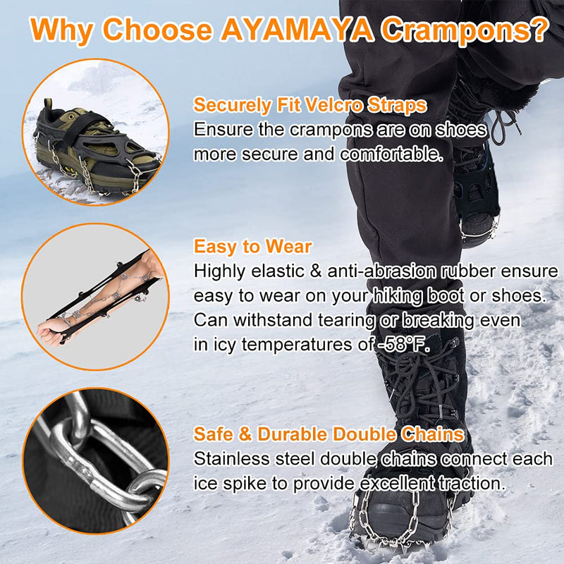 Crampons Ice Cleats for Shoes and Boots, AYAMAYA [Upgraded] 24 Spikes Antislip Stainless Steel Snow Traction Ice Gripper for Shoes Men Women, Snow Chains for Hiking Winter Walking Climbing - M/L/XL Large - BeesActive Australia