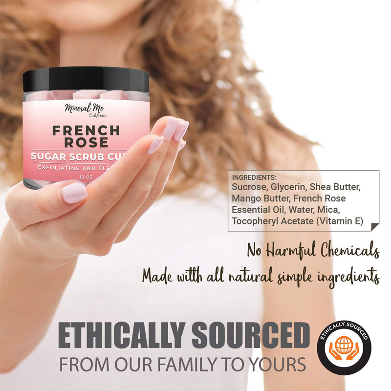 Body Scrub Exfoliator - 12oz FRENCH ROSE Sugar scrub cubes w/Mango Butter & Shea butter- Ultra Hydrating & Moisturizing - All Natural & Organic for all body exfoliation- For hands, arms, legs & foot - BeesActive Australia