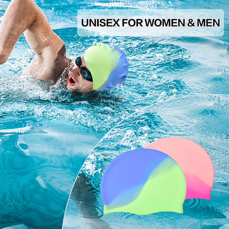 ZmZmBay Swim Caps for Long Hair (2 Pack), Durable Silicone Swimming Caps for Women Men Adults Youths, Easy to Put On and Off, Multi Color and Waterproof Bathing Cap - BeesActive Australia