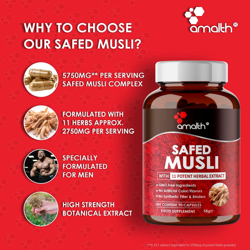 Safed Musli Extract Supreme Quality, High Potency Added Piperine to Boost Absorption, 5750mg Extra Strength with 11 Potent Herbs Support Boost Stamina & Muscle Building 90 Veg Capsule-Amalth - BeesActive Australia