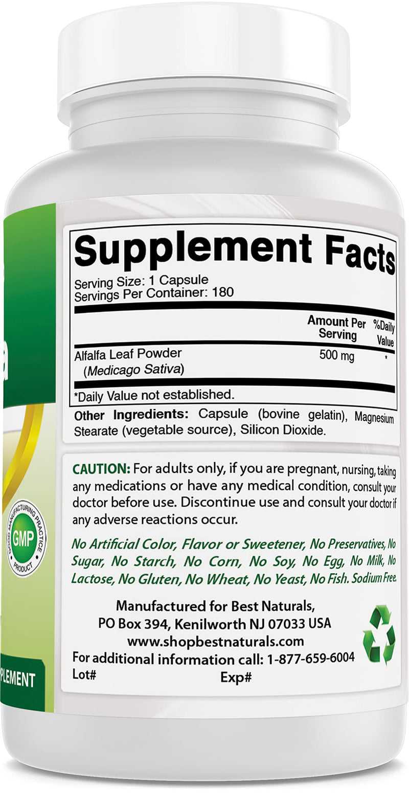Best Naturals Alfalfa Green Super Food 500 mg 180 Capsules (180 Count (Pack of 1)) 180 Count (Pack of 1) - BeesActive Australia