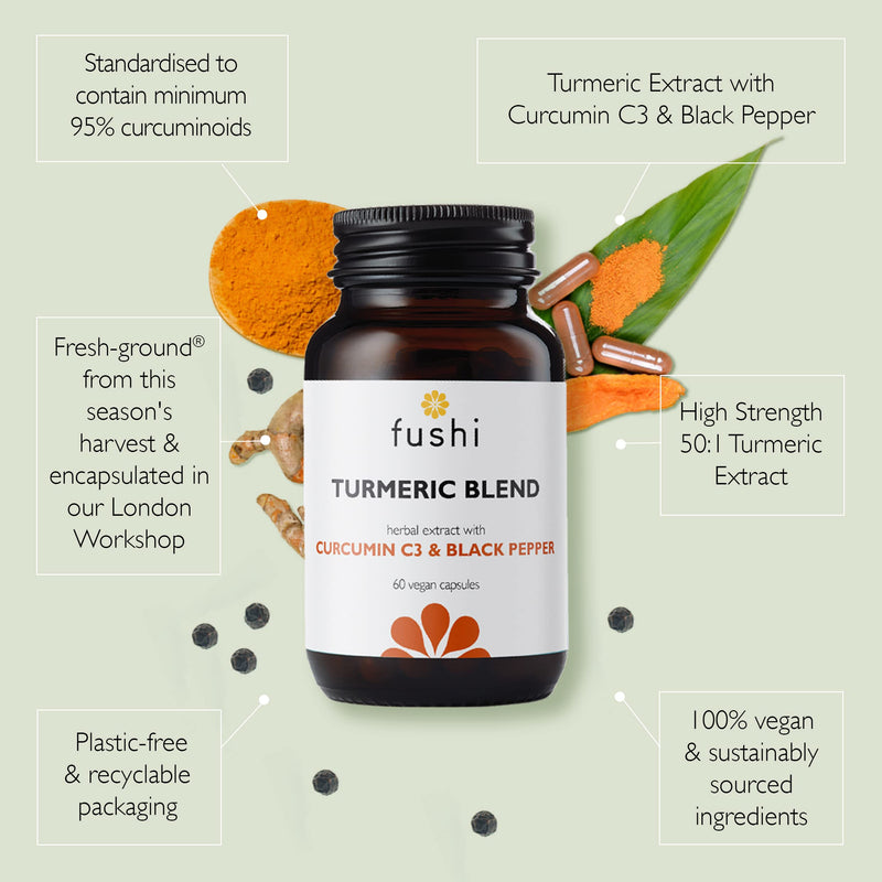Fushi Turmeric C3 & BioPerine Extract High Strength, 60 Caps | 500 mg High Strength | Fresh-Ground | Min 95% Curcuminoids |Wholefood | Ethical & Vegan Society Approved | Manufactured in the UK - BeesActive Australia