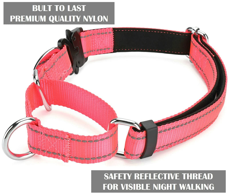 DEYACE Martingale Collar with Quick Snap Metal Buckle, Adjustable Soft Padded Reflective Nylon Prevents Slipping Out Martingale Collar for Small Medium Large Dogs PINK L / Neck Girth 18"-26" - BeesActive Australia