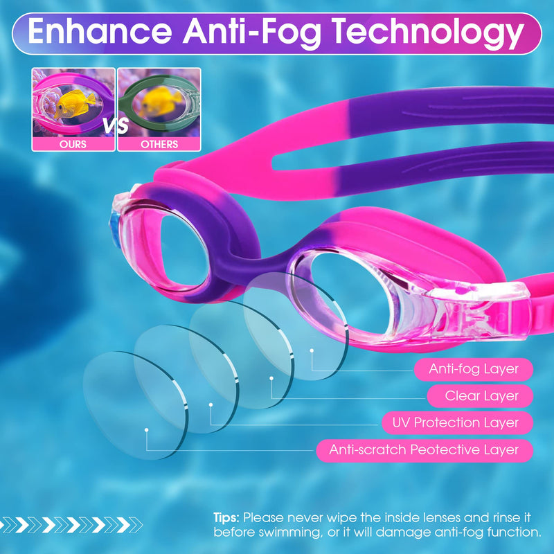 Vvinca Kids Swim Goggles with Fabric Strap No Tangle Pain-Free, Anti-Fog Swimming Pool Goggle No Leak for Toddlers Girls Boys C-1 Pack Bright Pink Purple - BeesActive Australia
