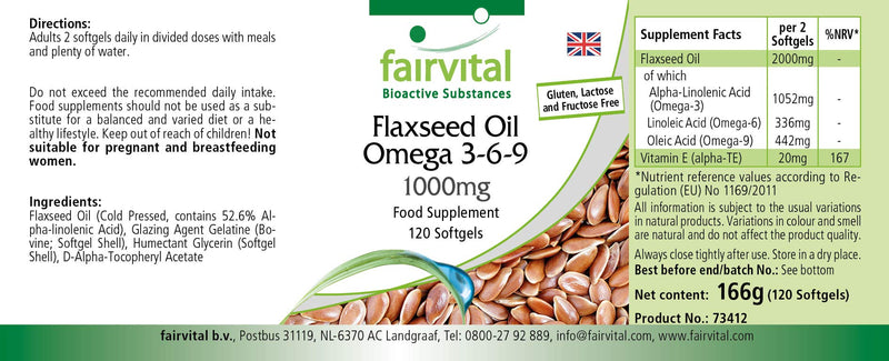 Fairvital | Flax Oil Linseed Omega 3-6-9 - Cold-Pressed - 120 softgels - Rich in Alpha-linolenic Acid - BeesActive Australia