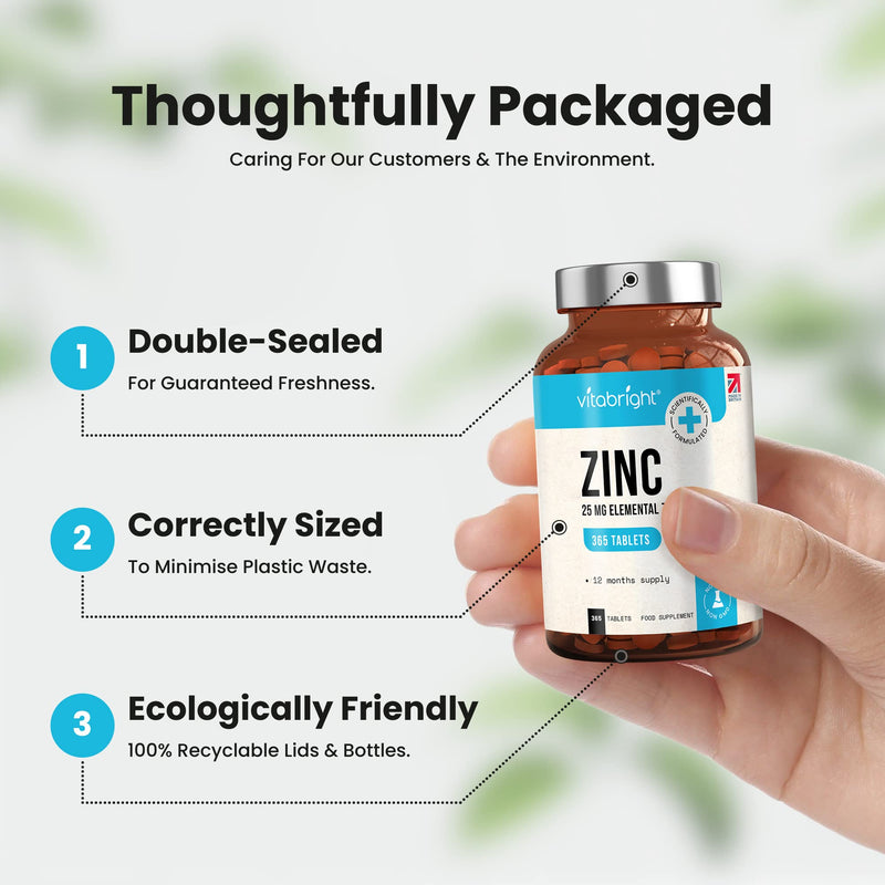 Zinc Tablets High Strength - 25mg Elemental Zinc � 365 Vegan Tablet Pills (1 Year Supply) � Zinc Gluconate - Chelated Zinc Supplements for Immune System, Hair, Skin, Bones, Nails � Made by VitaBright - BeesActive Australia
