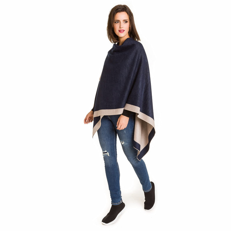MELIFLUOS DESIGNED IN SPAIN Women's Shawl Wrap Poncho Ruana Cape Cardigan Sweater Open Front for Spring Fall Winter One Size Border Design - Gray Navy - BeesActive Australia