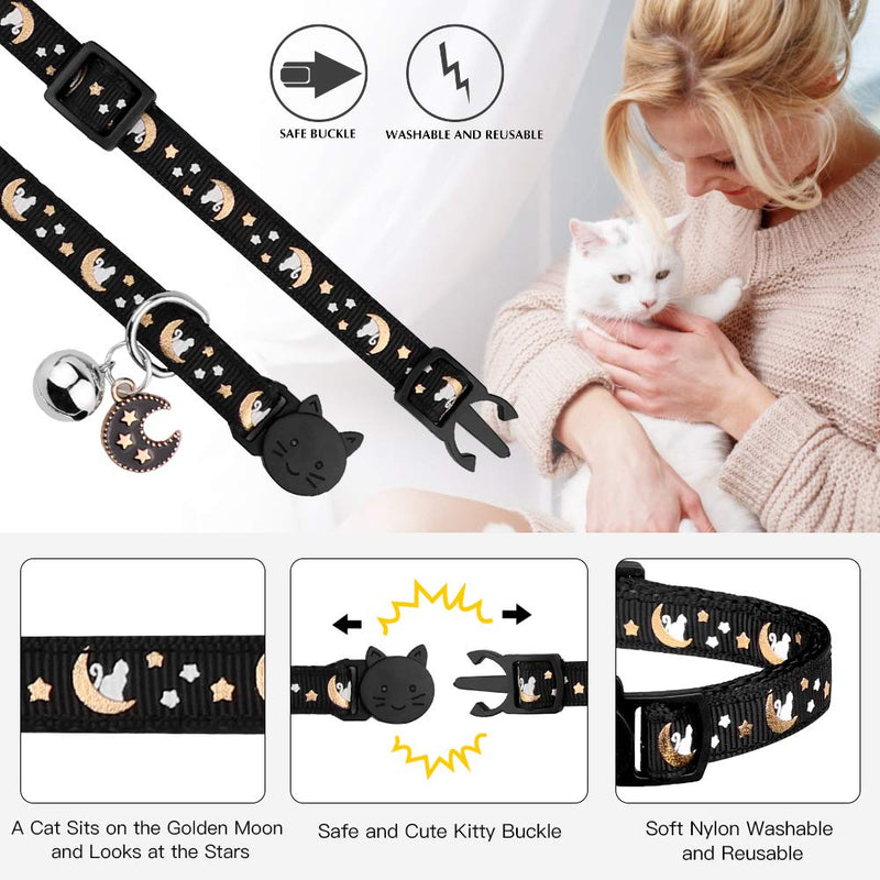 2PCS Breakaway Cats Collars with Bell Moons Stars Adjustable Kitten Collars with Pendant Glow in The Dark Purple+Black - BeesActive Australia
