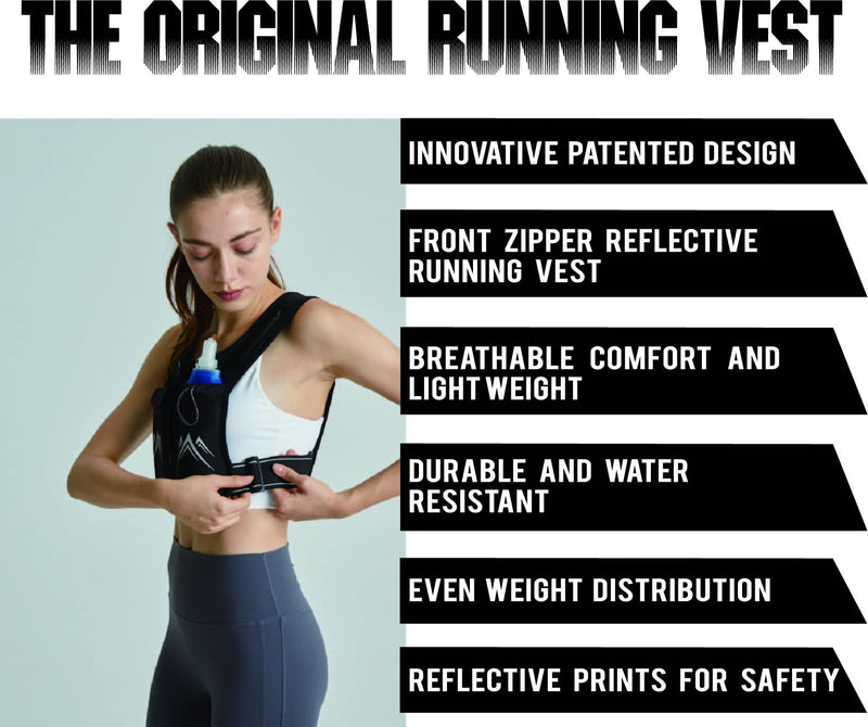 REVALI Running Vest, USA Original Patent, Zip Reflective Vests with Leakproof 500ml Water Bottle, Adjustable Waistband & Breathable Materials, Chest Gear Phone Holder for Men/Women, Running or Cycling Black - BeesActive Australia