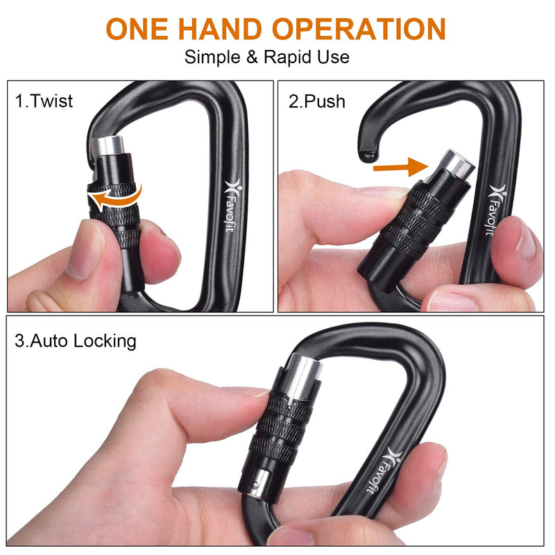 Favofit Auto Locking Carabiner Clips, 4 Pack, 12KN (2697 lbs) Heavy Duty Caribeaners for Camping, Hiking, Outdoor & Gym etc, Twistlock Carabiners for Dog Leash & Harness, Black - BeesActive Australia