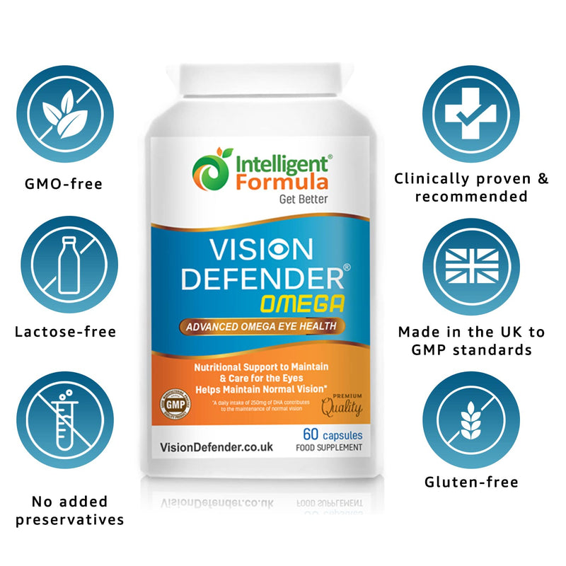 VISION DEFENDER OMEGA Eye Supplement - High Strength 1000mg Pure Omega-3 Fatty Acids Fish Oil (400mg EPA, 200mg DHA per capsule) + Vitamin E - Eye Care & Relief for Dry Eyes - (60 Softgels) Made in UK - BeesActive Australia