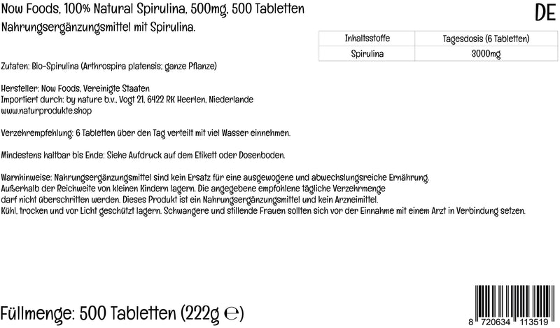 Now Foods, Certified Organic Spirulina, 500mg, High Dose, 500 Vegan Tablets, Lab-Tested, Soy Free, Gluten Free, Vegetarian, Non-GMO - BeesActive Australia