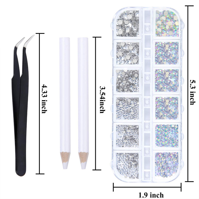 Elcoho 6 Sizes Crystals AB Nail Art Rhinestones and Clear Crystal Rhinestones with Pick Up Tweezer and Rhinestone Picker Dotting Pen, 1500 Pieces - BeesActive Australia