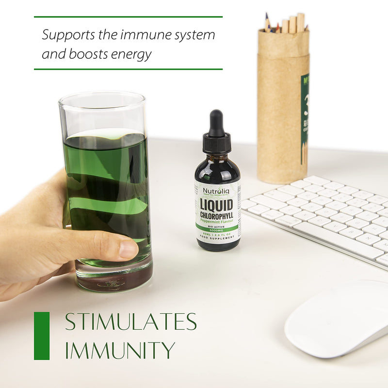 Nutroliq Liquid Chlorophyll Drops for Water - Herbal Extract Promoting Healthy Weight Management, Immune System - Energy & Cleansing Support - Non-GMO, Zero Sugar - 60ml, Natural Peppermint Flavor - BeesActive Australia