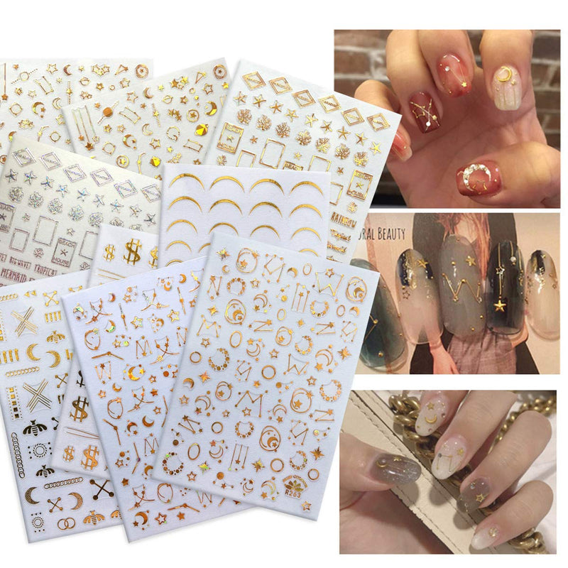 Stars Moon Nail Art Stickers 9 Sheets 3D Stars Moon Gold Metal Self-Adhesive Nail Art Design for Women Charm Decoration Decal Tips Manicure Accessories - BeesActive Australia