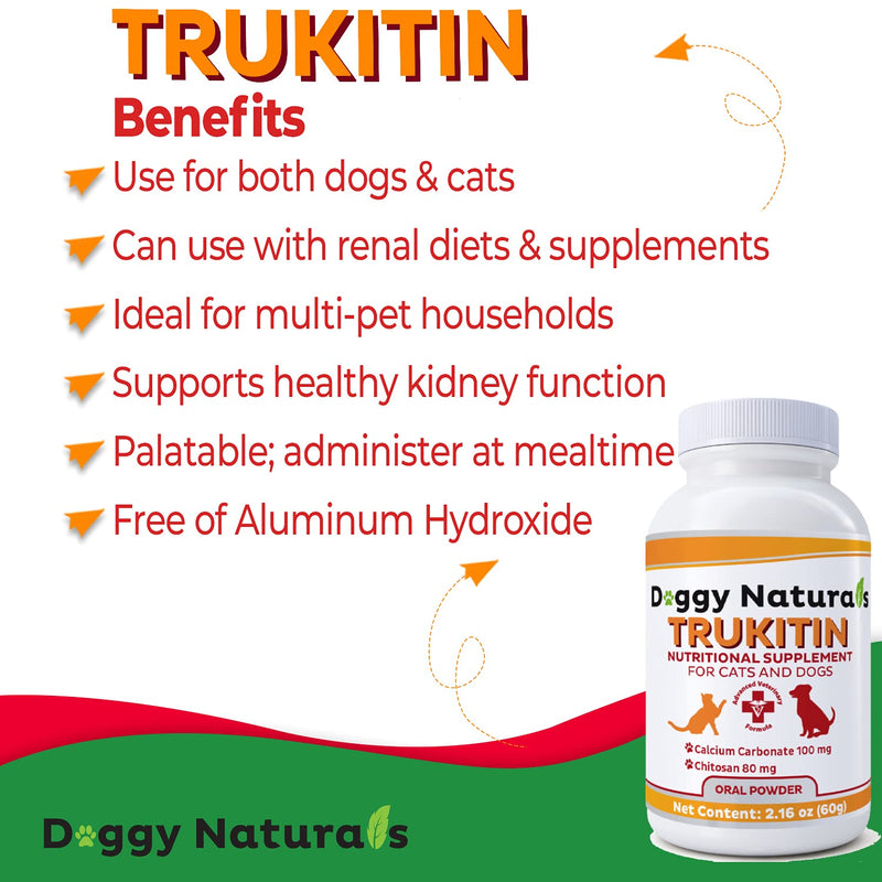 Pet Health Pharma Trukitin Chitosin Based Phosphate Binder for Cats & Dogs – All Natural Human Grade Ingredients for Renal Support Supplement with Calcium Carbonate Oral Powder (Made in U.S.A) 60 Gram - BeesActive Australia