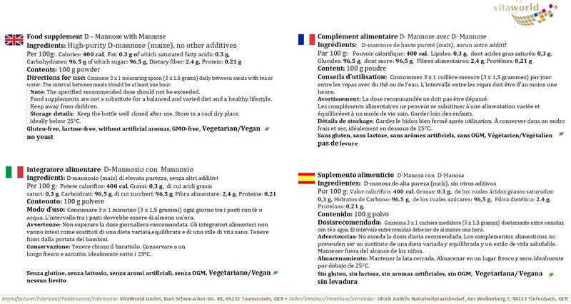 Vita World D-Mannose powder 100g Vita World 100 % pure with analysis certificate Made in Germany - BeesActive Australia