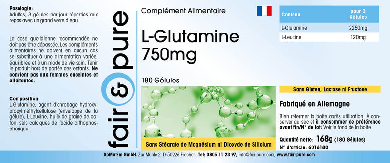 Fair & Pure L-Glutamine 750mg, in Free Form, Vegan, 750mg, 180 Capsules - BeesActive Australia
