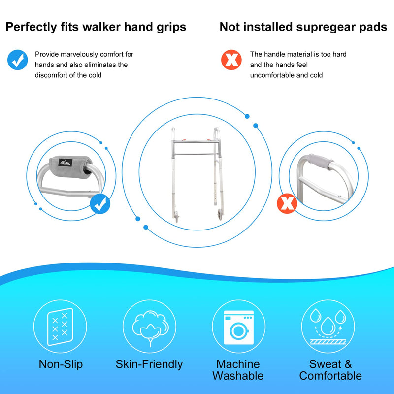 supregear Walker Hand Grips (2 Pack), Breathable Soft Cushion Comfortable Padded Walker Handle Covers Rollator Grip Pads for Walker Rollator Crutch Wheelchair, Non-Slip Mobility Accessory Grey (Cotton Velvet) - BeesActive Australia