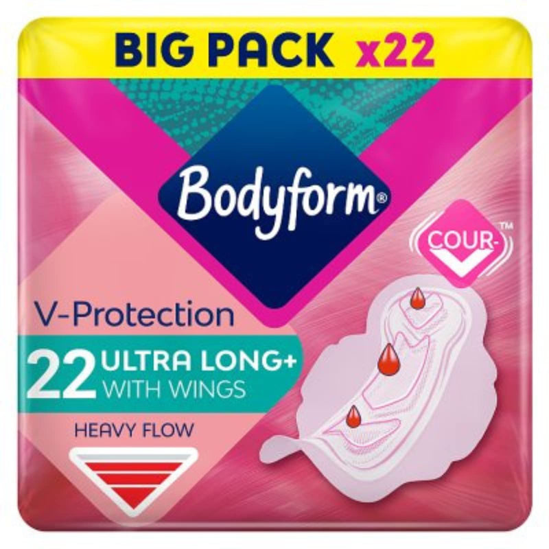 Bodyform Ultra Long Sanitary Towels with Wings 22 Per Pack - for Heavy Flow - Case of 2 - BeesActive Australia