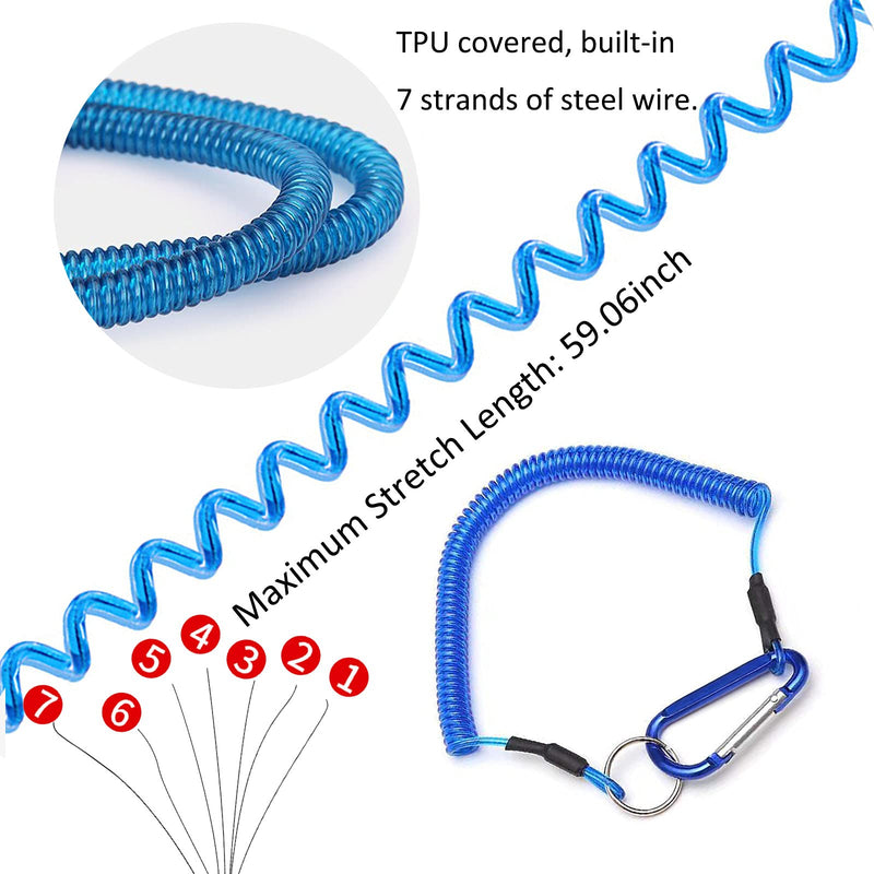 LAIBOREC Fishing Lanyards, 7PCS Retractable Steel Wire Coiled Lanyard Safety Fishing Tool Ropes Accessories with Carabiner and Split Ring for Pliers Lip Grips Tackle, Boating, Kayak (Blue) - BeesActive Australia
