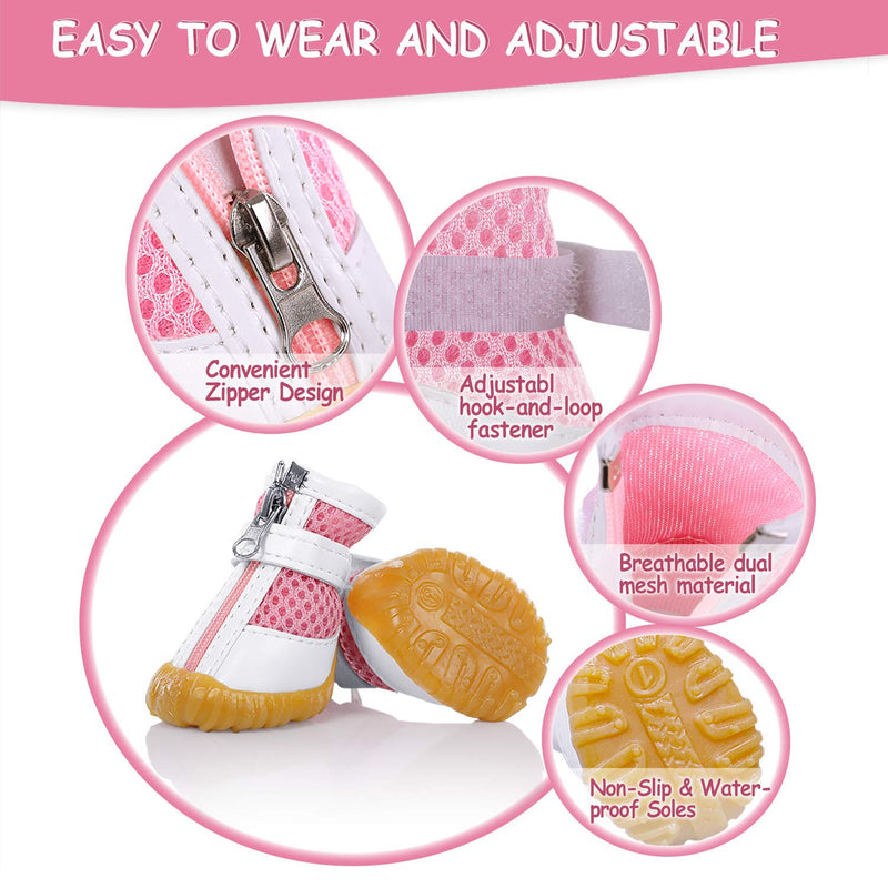 AOFITEE Mesh Dog Shoes Dog Boots, Breathable Dog Shoes for Small Dogs, Waterproof Puppy Booties Sandals with Anti-Slip Sole and Zipper, Dog Shoes for Hot Pavement Durable Pet Paw Protector X-Small (Pack of 4) Pink - BeesActive Australia
