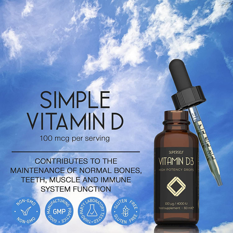 Vitamin D Drops - Vitamin D3 4000 IU Liquid for Adults - 60ml 1200 Drops - High Strength & Absorption Supplement for Strong Bones, Teeth, Immune System - Vit D 1000IU per 1 Drop - UK Made & Vegetarian - BeesActive Australia