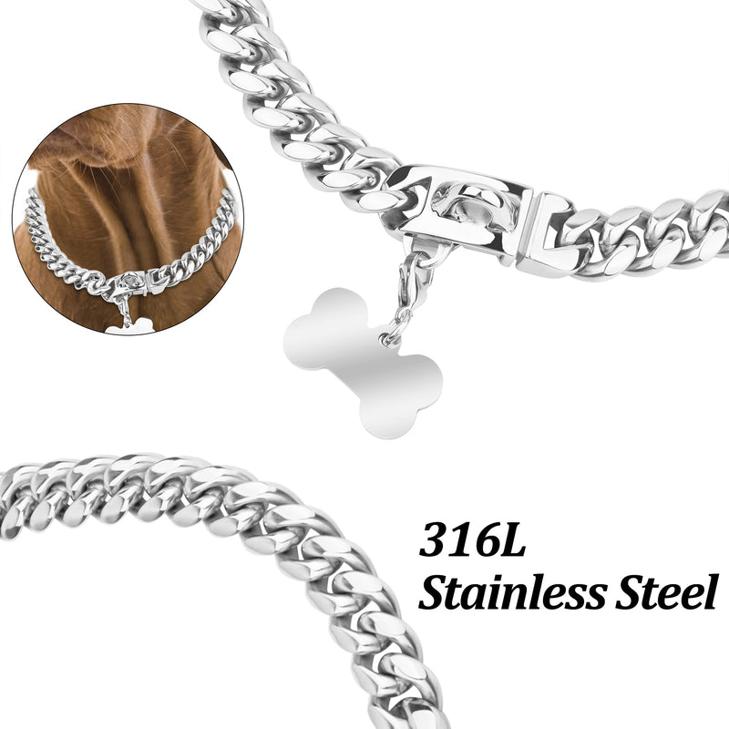 Strong Metal Dog Collars with Safety Buckle, 14mm Wide 316L Stainless Steel Cuban Link Chain Training Dog Collar Necklace for Small Medium Large Dogs A-Silver 18inch - BeesActive Australia