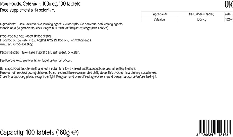 Now Foods, Selenium, 100mcg, Yeast Free, 100 Vegan Tablets, Lab-Tested, Vegetarian, Gluten Free, SOYA Free, Non-GMO - BeesActive Australia