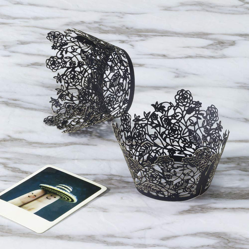 YOZATIA 60pcs Black Rose Lace Cupcake Wrappers Holders, Laser Cut Cupcake Liners Decorative Liners for Wedding Party Birthday Cake Decoration Supplies - BeesActive Australia
