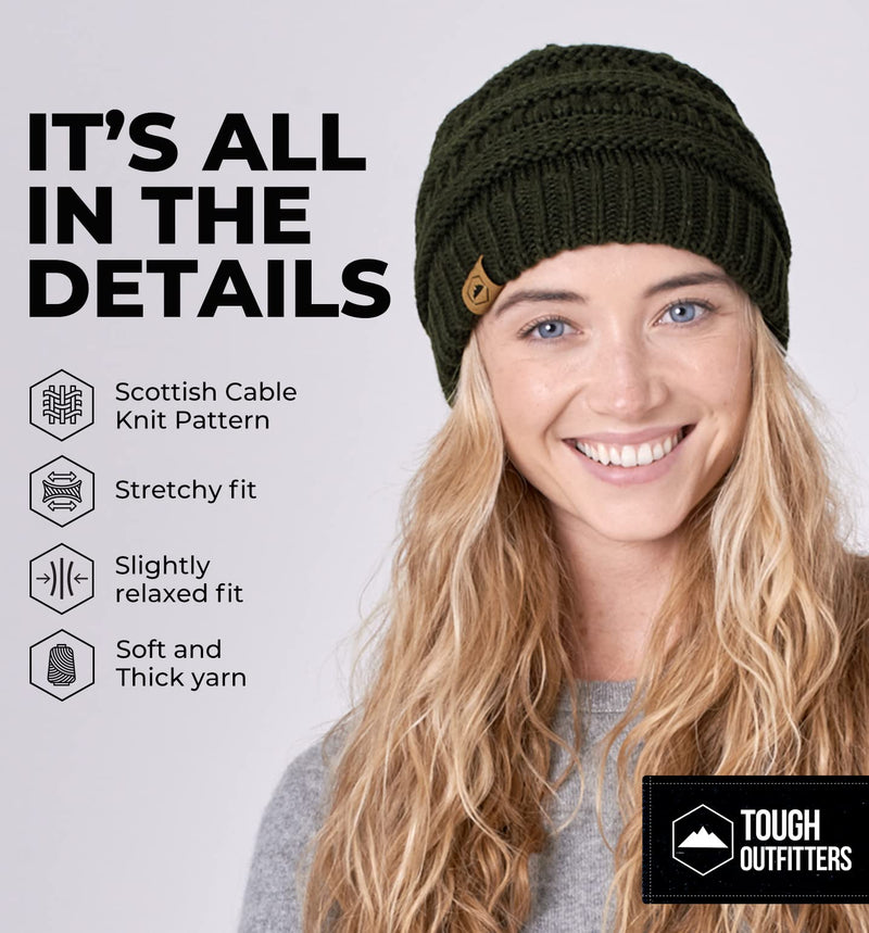 Tough Headwear Womens Beanie Winter Hat - Warm Chunky Cable Knit Hats - Soft Stretch Thick Cute Knitted Cap for Cold Weather Army Green - BeesActive Australia