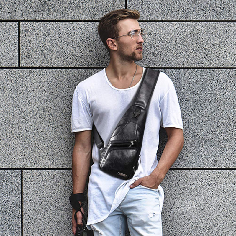 Men's Leather Sling Bag Chest Shoulder Backpack Crossbody Bag with USB Charging Port for Travel, Hiking ,Cycling 1-small-black - BeesActive Australia