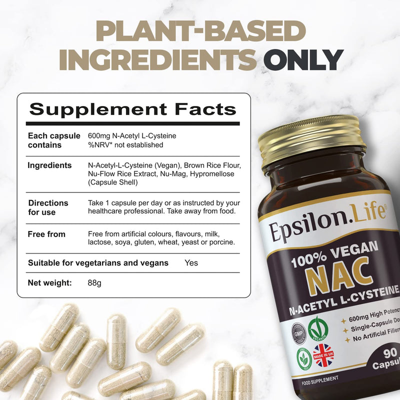 NAC 600mg Vegan Supplement - N-Acetyl-Cysteine Nutritional Supplements - 90 Capsules - Made in The UK - No Artificial Fillers - Just NAC and Rice Flour - BeesActive Australia