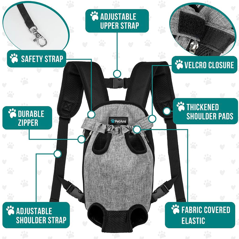 PetAmi Dog Carrier Backpack, Adjustable Dog Pet Cat Front Carrier Backpack | Ventilated Dog Chest Carrier for Hiking Camping Travel, Sling Bag for Small Medium Dog Cat and Puppies Large Heather Grey - BeesActive Australia