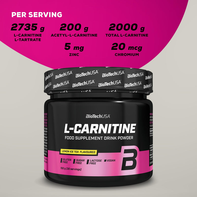 BioTechUSA L-Carnitine Drink Powder, Flavoured Food Supplement Drink Powder with L-carnitine L-Tartrate, Acetyl-L-carnitine, Minerals and Sweetener, 150 g, Lemon ice Tea - BeesActive Australia
