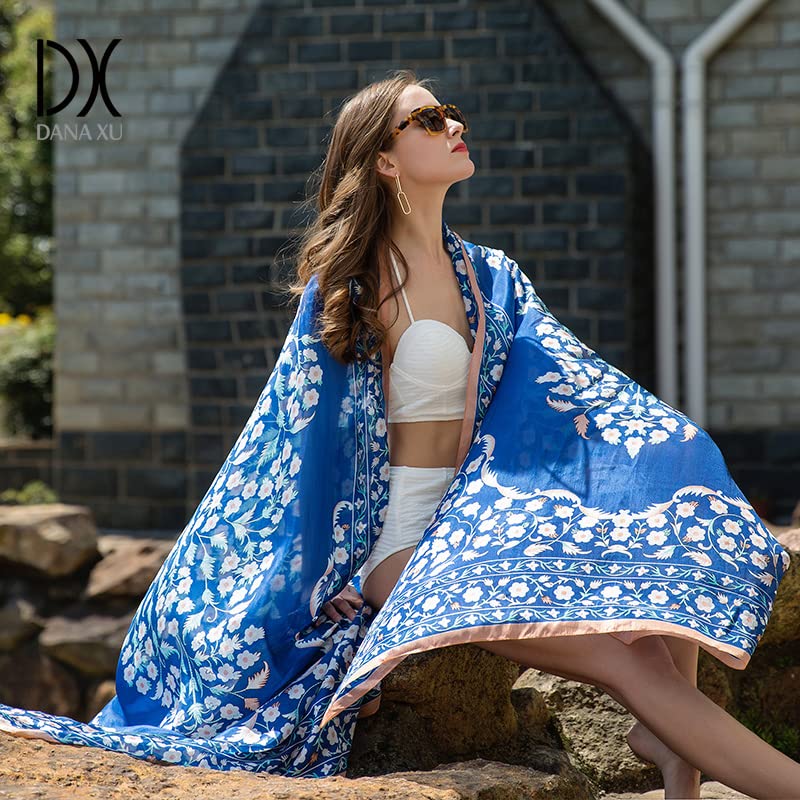 DANA XU 100% Mulberry Satin Silk Summer Travel Scarf Extra Large Women Floral Shawl Oversize Soft Wraps For Evening Dresses A 11 Blue - BeesActive Australia