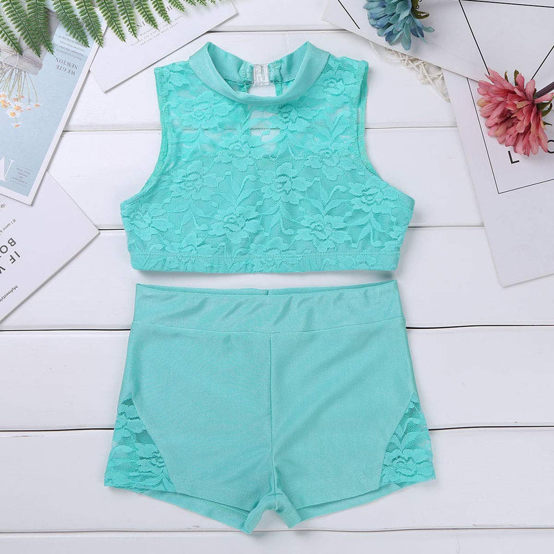 Agoky Little Big Girls Ballet Gym 2PCS Sequins Mermaid Tank Top Shorts Set Tankini Swimwear or Gymnastics Leotard Mint_green Floral Lace 6 - BeesActive Australia