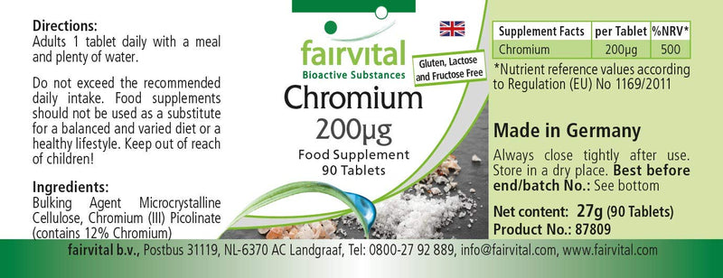 Chromium 200mcg from Chromium picolinate - Bulk Pack for 3 Months - HIGH Dosage - Vegan - 90 Tablets - BeesActive Australia
