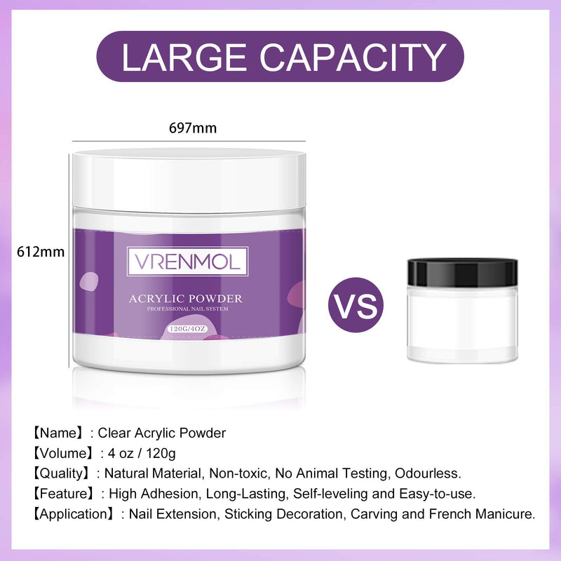 Vrenmol Clear Acrylic Powder - Professional Polymer Nail Powder 4oz Big Capacity Nail Art System for Acrylic Nails Extension No Need Nail Lamp 120g Clear Acrylic Powder - BeesActive Australia