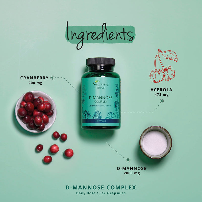 D-Mannose Complex Vegavero� | 100% Natural UTI Support | NO Additives | Lab-Tested | with Cranberry, Vitamin C, 2000mg D Mannose | 120 Capsules | Vegan - BeesActive Australia