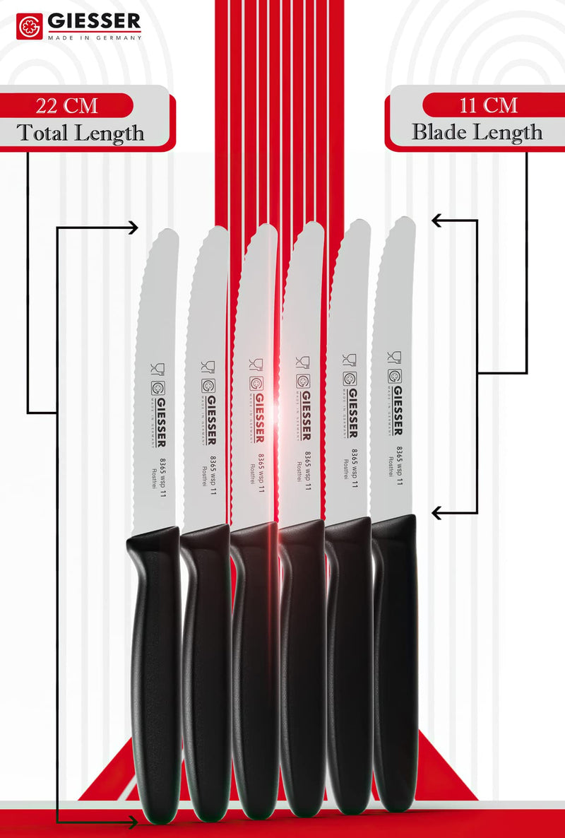 Giesser since 1779, Made in Germany, serrated Utility kitchen knives round tip dishwasher safe 4.5 inch - paring knife, Tomato knife, black steak knives set of 6, restaurant knife - BeesActive Australia