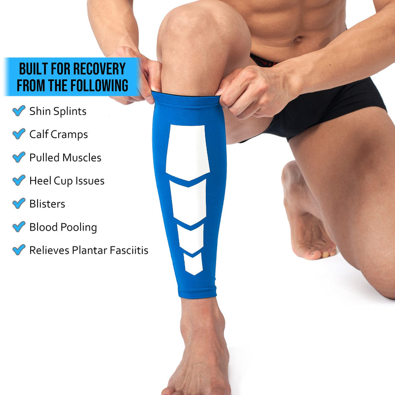 360 RELIEF Compression Calf Sleeves - for Fitness Sports | Shin Splints, Torn Muscle Cramps, Workout, Circulation, Running, Jogging, Marathon, Hiking | 1 Pair, X-Large, Blue with Mesh Laundry Bag | XL-1PAIR - BeesActive Australia