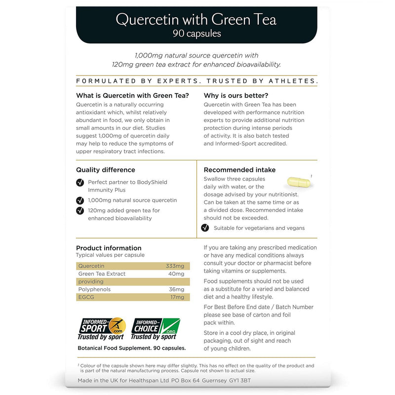 Healthspan Elite Quercetin 333mg with Green Tea | 90 Capsules | All Blacks Official Partner | 120 mg Green Tea to Aid Absorption | Additional Nutrition Protection | Informed Sport Accredited | Vegan - BeesActive Australia
