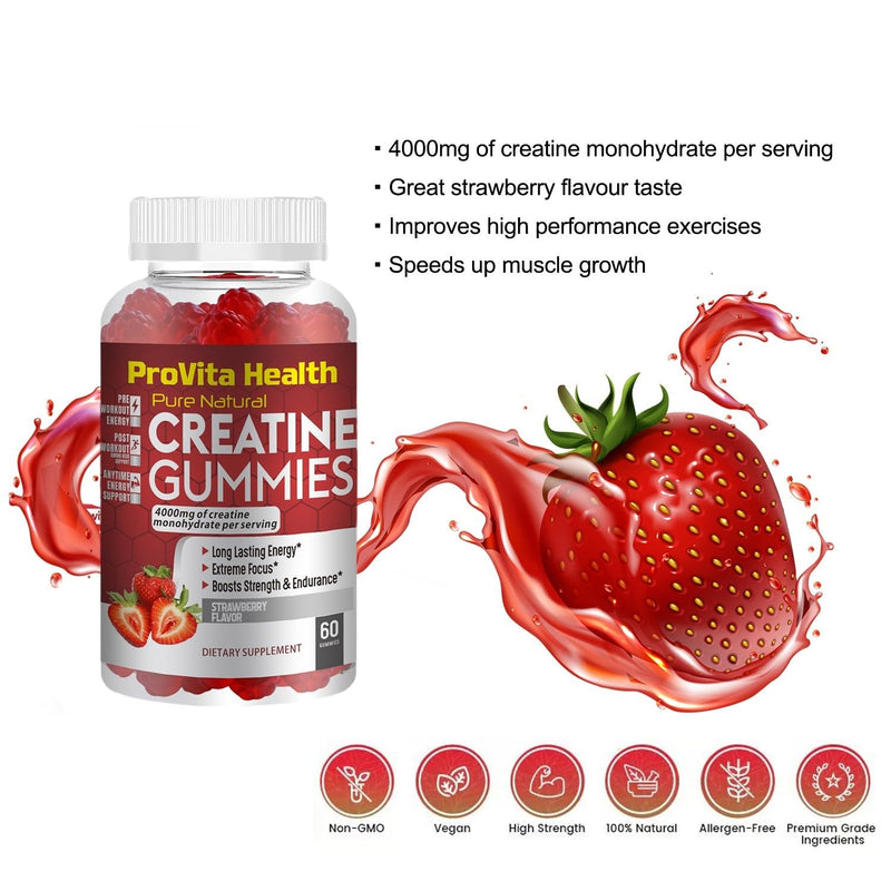 ProCreatine Monohydrate Gummies 4000mg for Men & Women - 60 Chewable Creatine Gummies Strawberry Flavoured Creatine | Pre Workout Gym Supplement| Keto | Vegan | (1 Month Supply) - BeesActive Australia